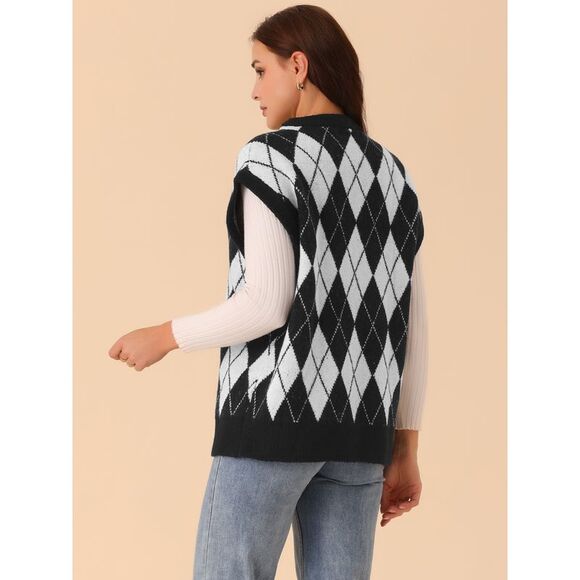 Contrast Color Vest Sleeveless Knit Loose Pullover Sweater Tops Black - Picture 4 of 5